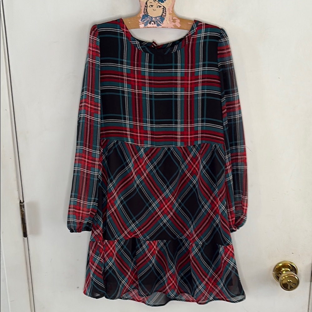 Draper James red black green plaid long sleeve lined dress Size Small